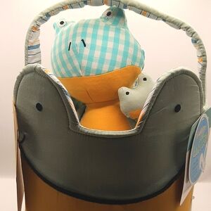 Newborn Baby Gift Basket With Green Frog Plush Toy, Bib, Rattle NEW